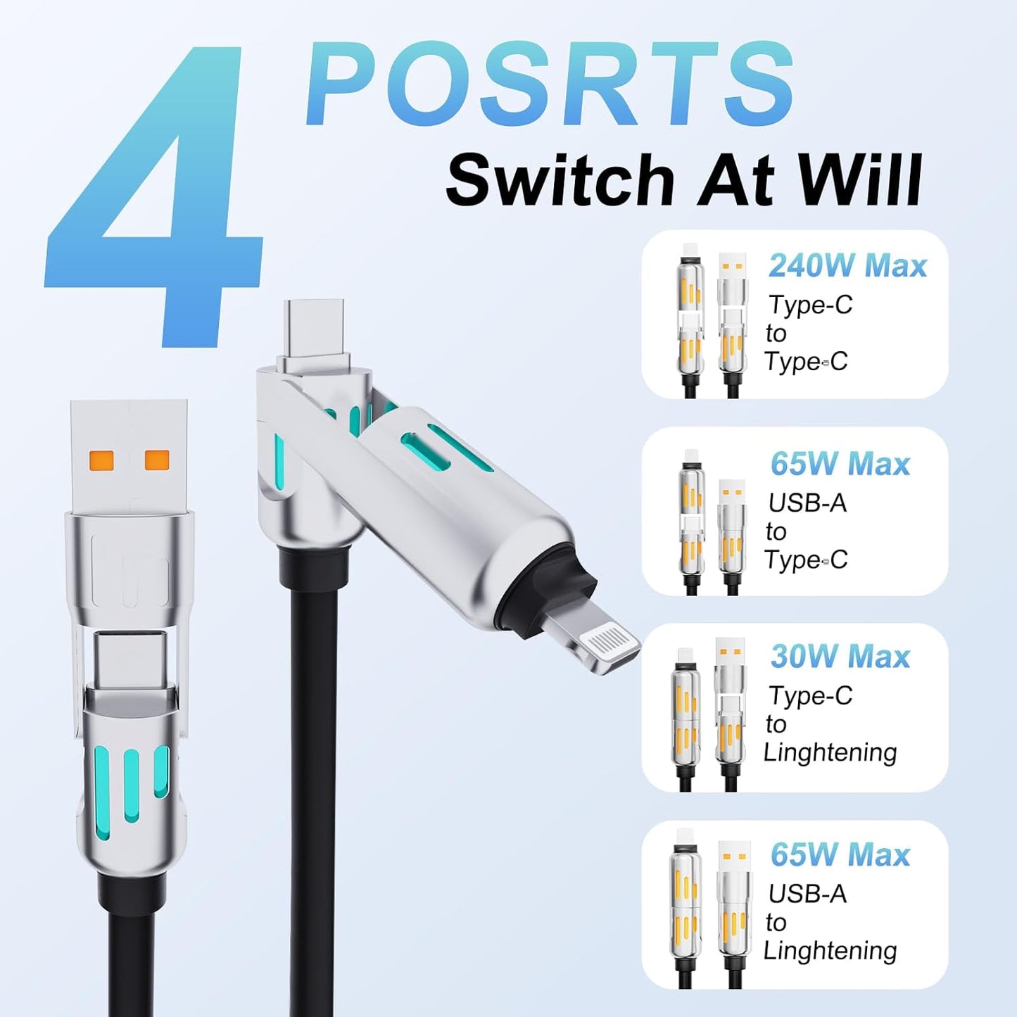 4 in 1 USB Charging Cable,PD 240w 4-in-1 USB-C Cable Fast Charging,Multi Charger Cable with Breathing Light,Universal Charger Cord 3.3FT,Tablets Laptop Multi Device Charging (Multicolor)