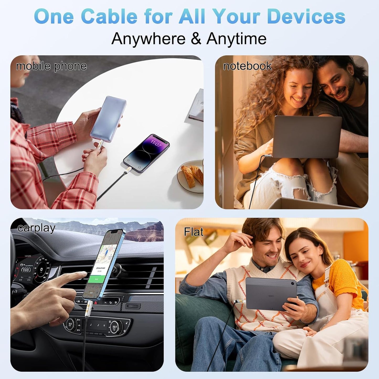 4 in 1 USB Charging Cable,PD 240w 4-in-1 USB-C Cable Fast Charging,Multi Charger Cable with Breathing Light,Universal Charger Cord 3.3FT,Tablets Laptop Multi Device Charging (Multicolor)