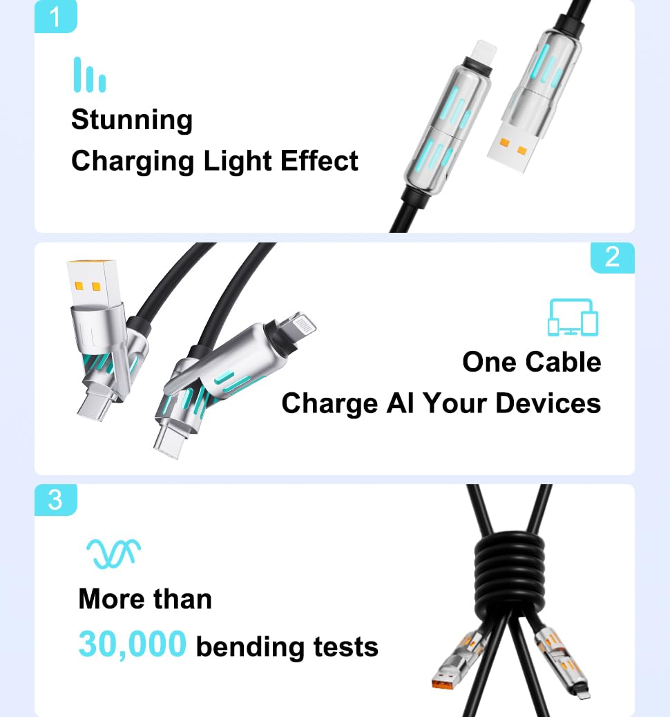 4 in 1 USB Charging Cable,PD 240w 4-in-1 USB-C Cable Fast Charging,Multi Charger Cable with Breathing Light,Universal Charger Cord 3.3FT,Tablets Laptop Multi Device Charging (Multicolor)