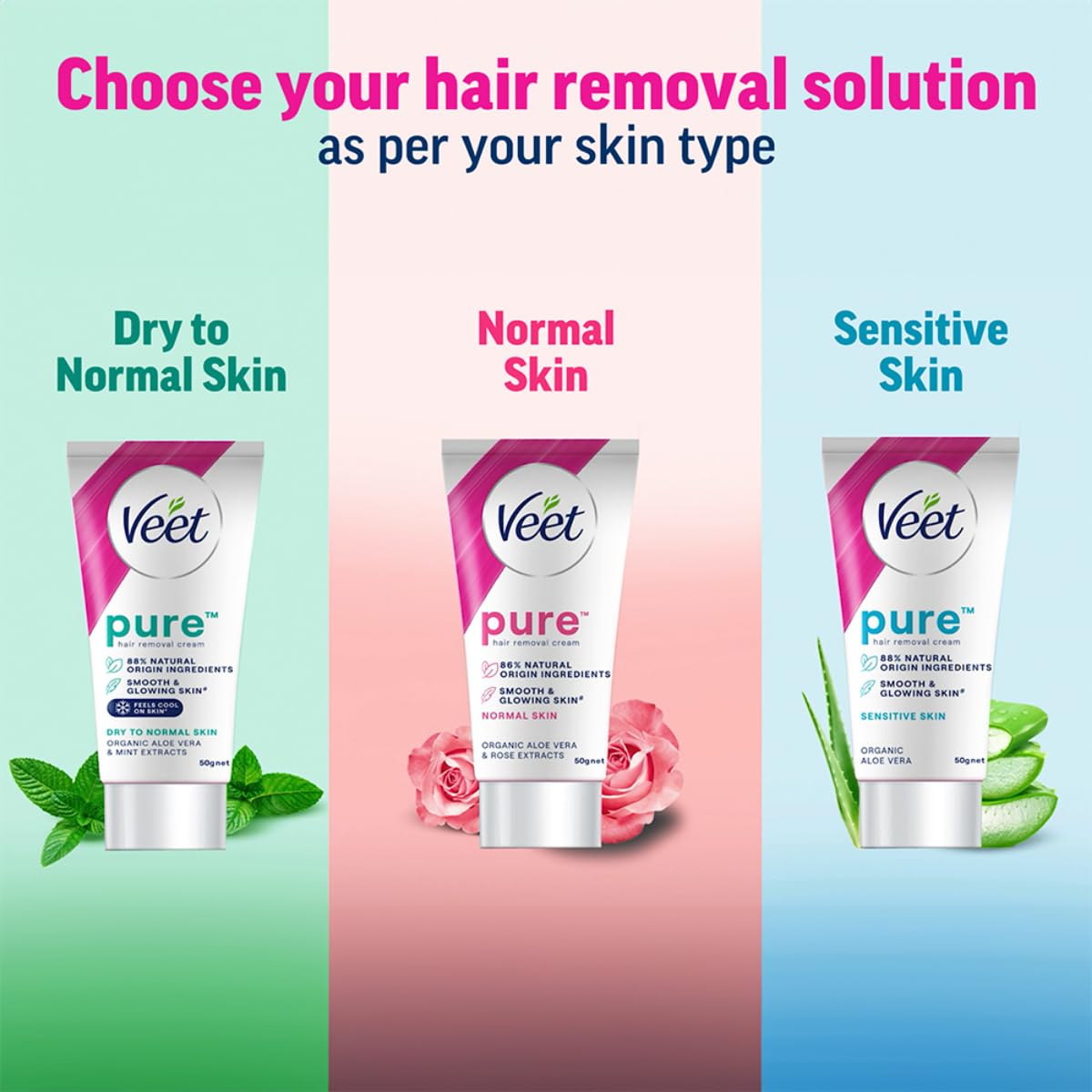 Veet Pure Hair Removal Cream for Women For Dry To Normal Skin - 50g | Suitable for Legs, Underarms, Bikini Line, Arms