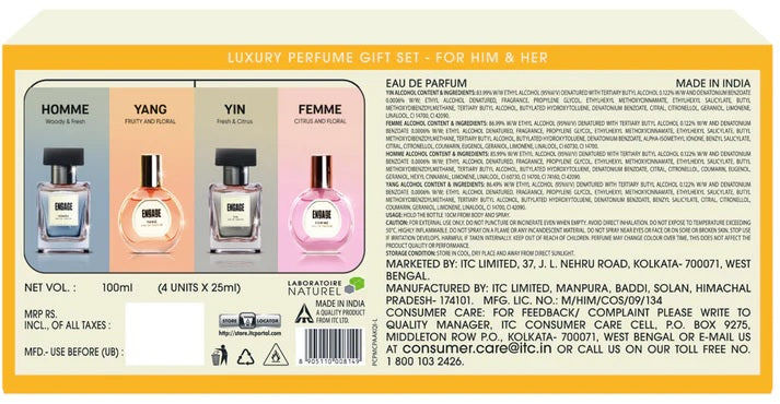 Engage Gift Assorted Luxury Perfume Set - For Men & Women, 100ml, Long Lasting, Assorted Pack, Wedding Gift, Anniversary Gift, 25ml x 4