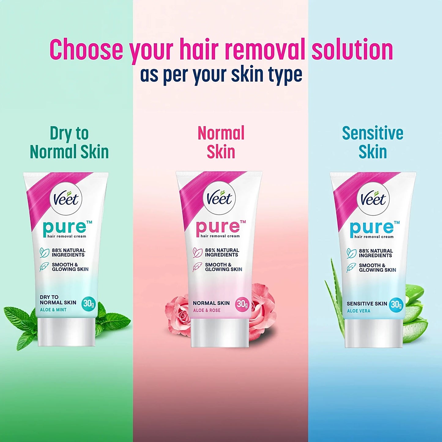 Veet Pure Hair Removal Cream - Aloe & Rose, Fresh Smell, Normal Skin, 30 g