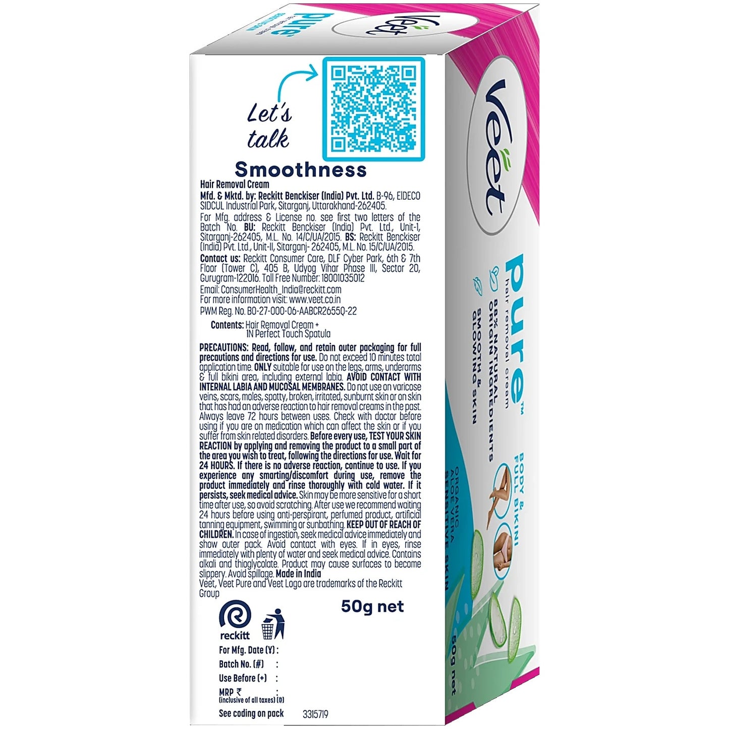 Veet Pure Hair Removal Cream - With Organic Aloe Vera, For Sensitive Skin, Body & Legs, 50 g