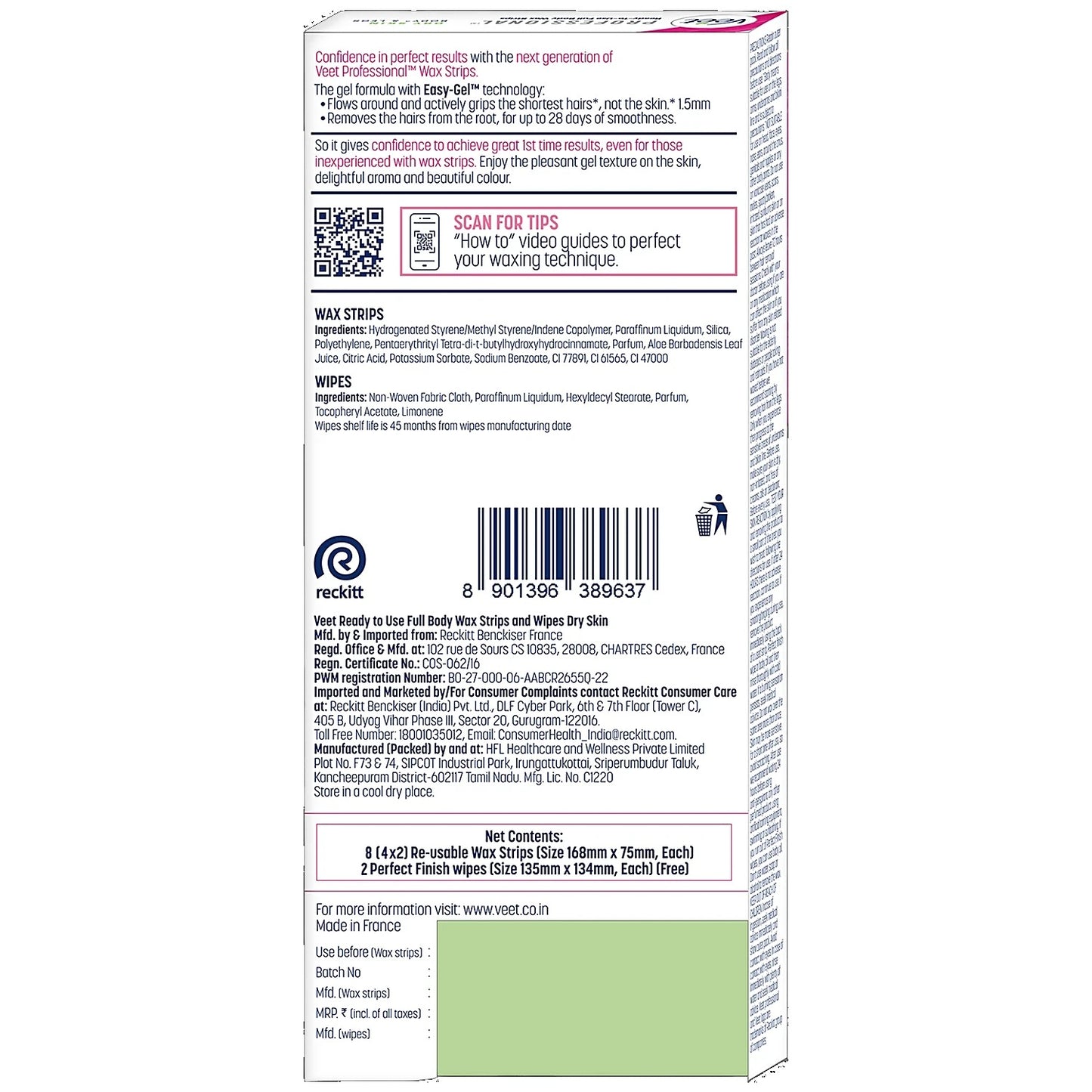 Veet Professional Waxing Strips Kit - For Dry Skin, 8 pcs