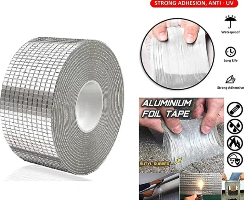 Aluminium Foil Butyl Rubber Waterproof Tape | Super Strong Self Adhesive Sealant | Heat & Water Resistant Leak Proof Tape for Roof, Pipe, Wall, Metal & Crack Repairs (Multi-Purpose, Silver)