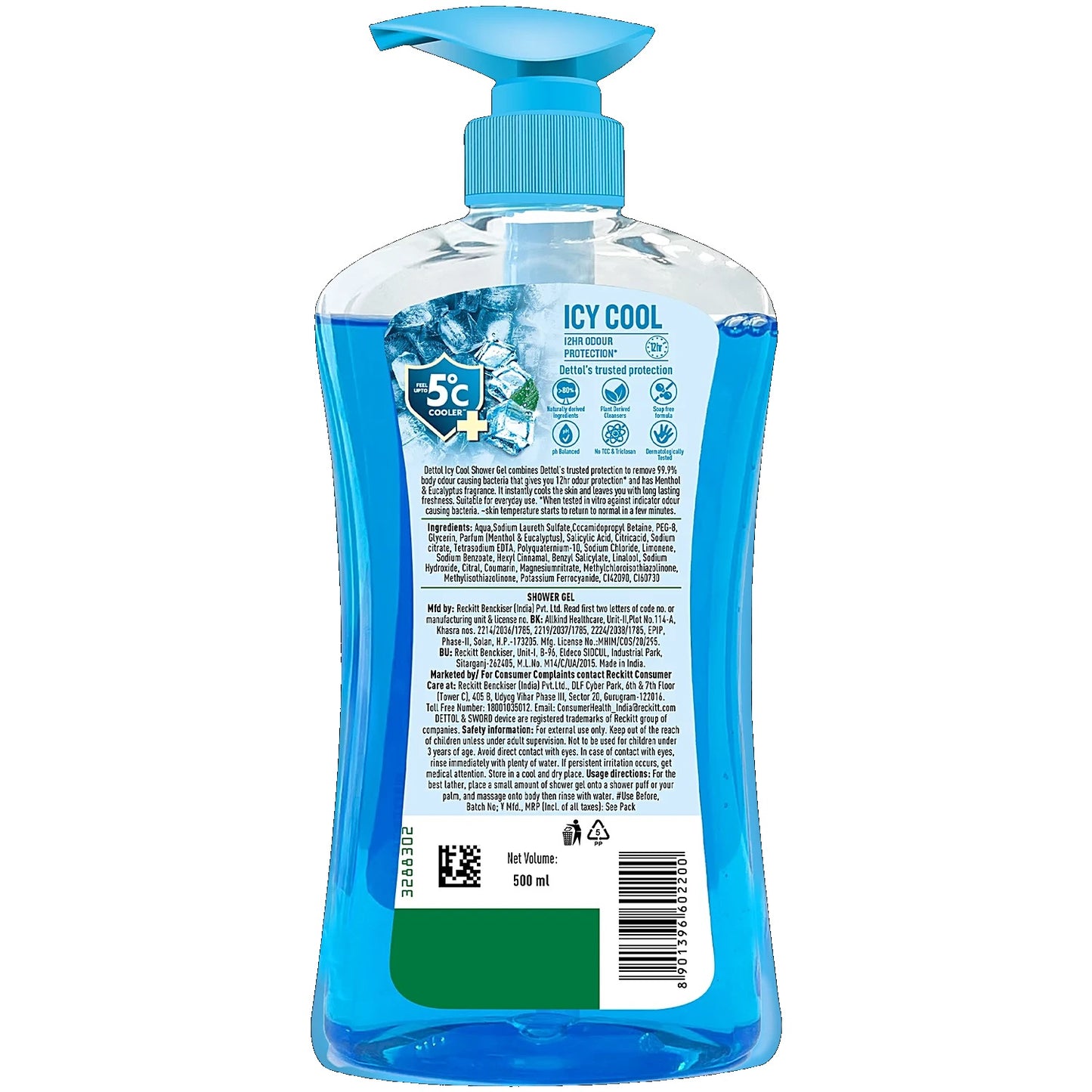 Dettol Icy Cool Shower Gel Pump For Men - Menthol & Eucalyptus Fragrance, 500 ml