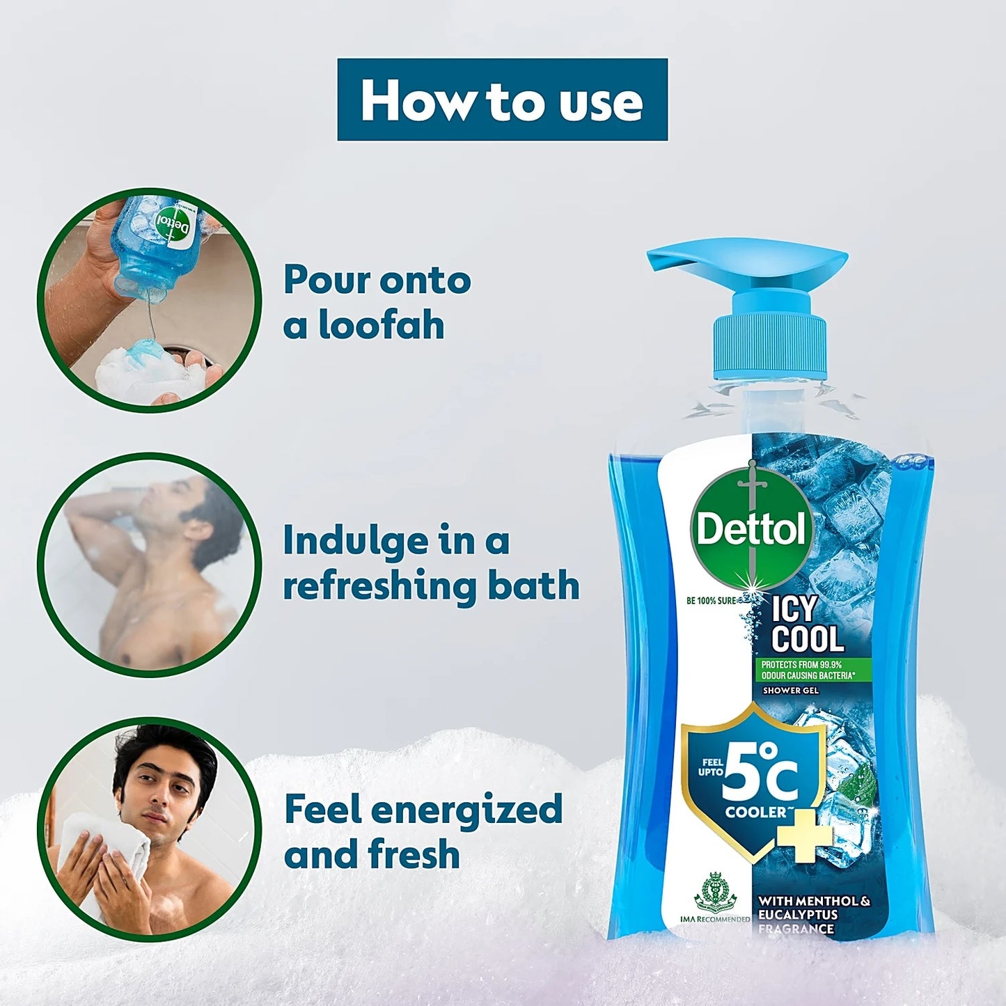 Dettol Icy Cool Shower Gel Pump For Men - Menthol & Eucalyptus Fragrance, 500 ml
