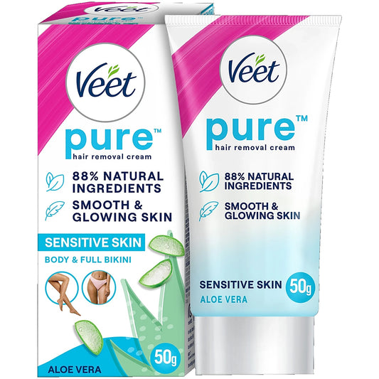 Veet Pure Hair Removal Cream - With Organic Aloe Vera, For Sensitive Skin, Body & Legs, 50 g