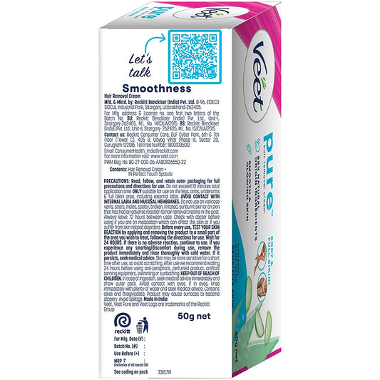 Veet Pure Hair Removal Cream - With Organic Aloe Vera, For Sensitive Skin, Body & Legs, 50 g