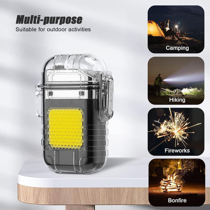 Waterproof Portable Mini LED Flashlight Lighter | USB Rechargeable Keychain Light | Outdoor Camping Emergency | Double Arc Plasma Cigarette Lighter | Windproof & Flameless