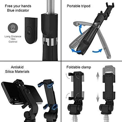 Bluetooth Selfie Stick Tripod with Wireless Remote (10 m), 1.16 m Extendable, 360° Phone Holder, Anti-Slip Feet, Stainless Steel Rod – for Android & iPhone