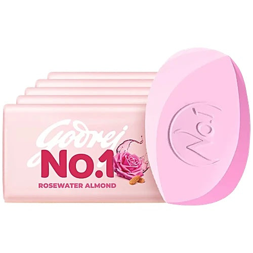 Godrej No.1 Rosewater & Almond Bathing Soap, With Natural Oils, 100 g (Pack of 5)