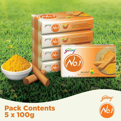 Godrej No.1 Bathing Soap, Sandal & Turmeric, 100g (Pack of 5)