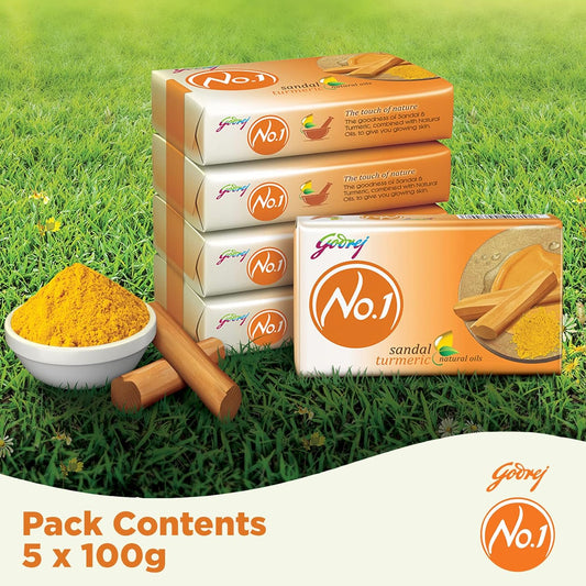 Godrej No.1 Bathing Soap, Sandal & Turmeric, 100g (Pack of 5)
