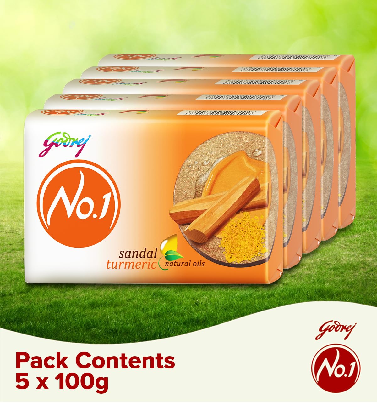 Godrej No.1 Bathing Soap, Sandal & Turmeric, 100g (Pack of 5)