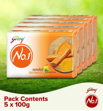 Godrej No.1 Bathing Soap, Sandal & Turmeric, 100g (Pack of 5)