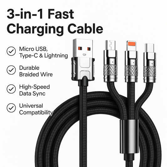 3-in-1 Fast Charging Cable | Micro USB, Type-C & Lightnings | Durable Braided Wire | High-Speed Data Sync | Universal Compatibility Black
